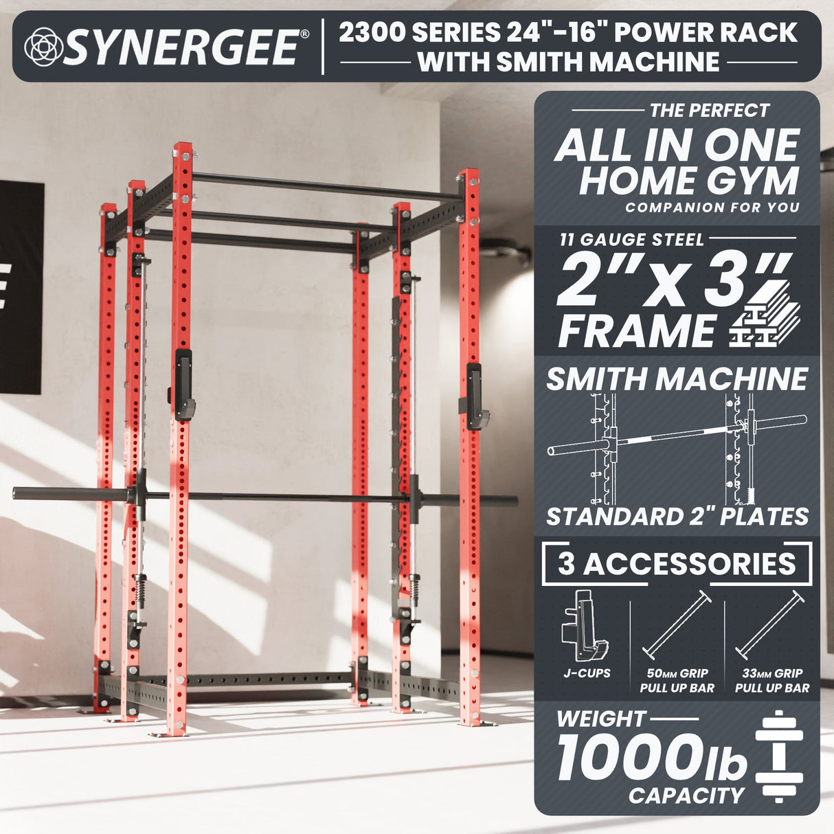 Synergee 2300 Series Power Cage with Smith Machine – Heavy-Duty Home Gym Rack with Multi-Grip Pull-Up Bars & Safety J-Cups