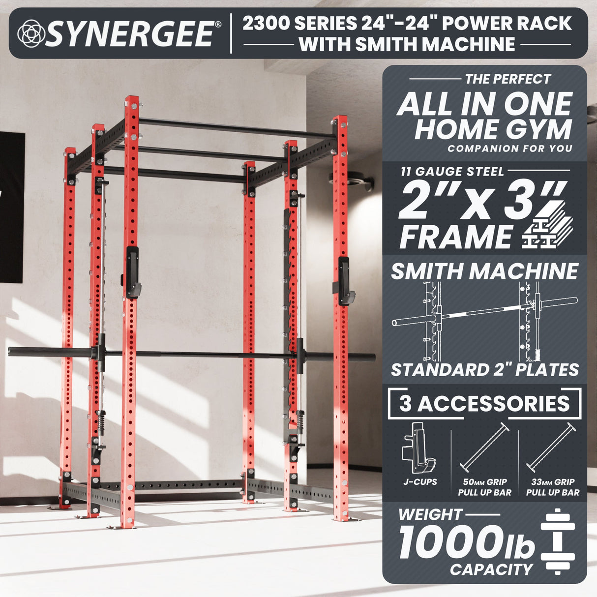Synergee 2300 Series Power Cage with Smith Machine – Heavy-Duty Home Gym Rack with Multi-Grip Pull-Up Bars & Safety J-Cups