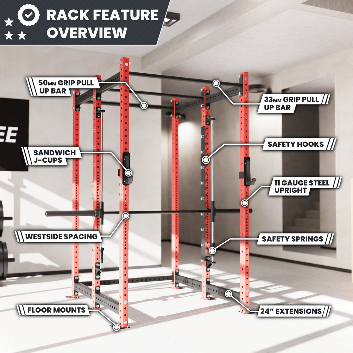 Synergee 2300 Series Power Cage with Smith Machine – Heavy-Duty Home Gym Rack with Multi-Grip Pull-Up Bars & Safety J-Cups