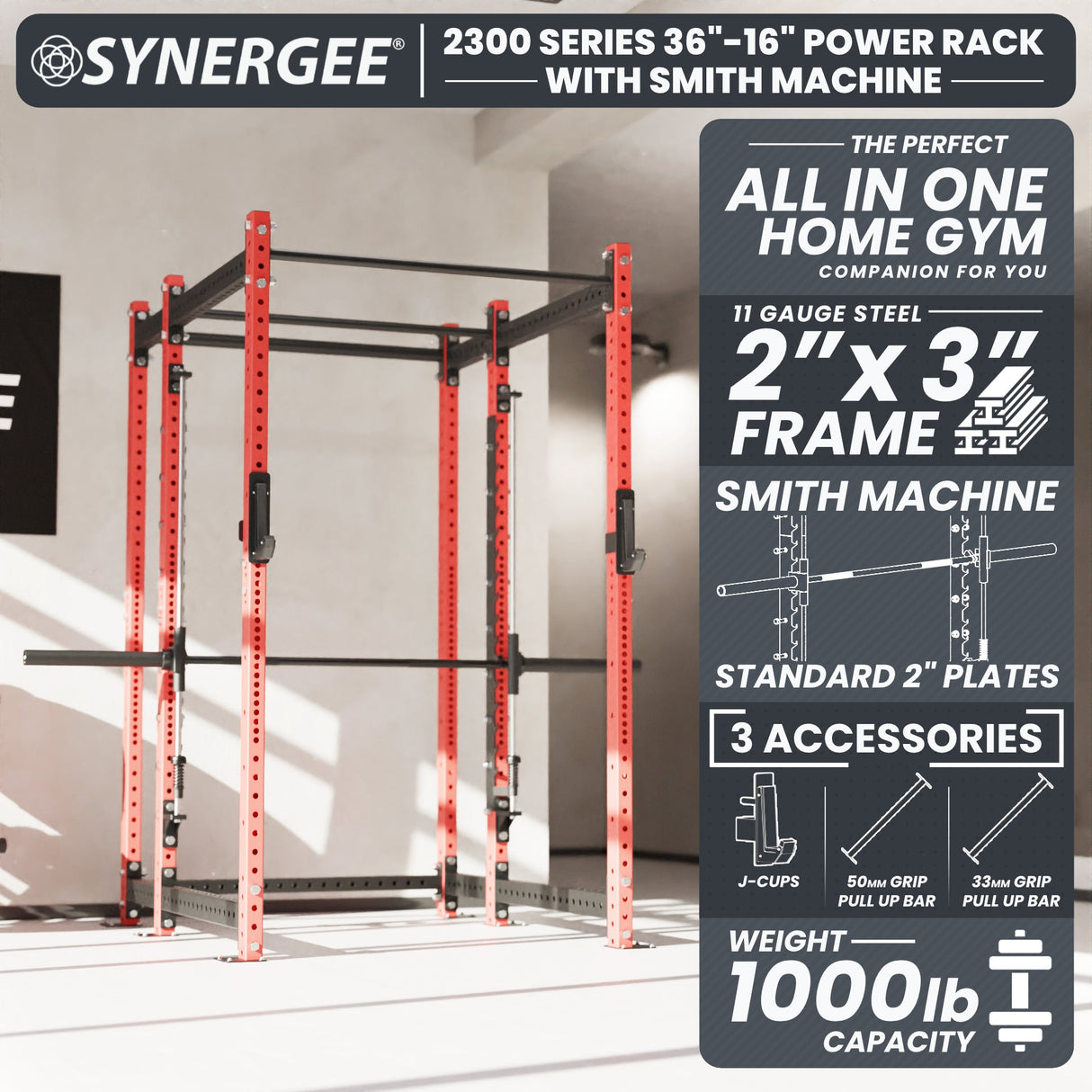 Synergee 2300 Series Power Cage with Smith Machine – Heavy-Duty Home Gym Rack with Multi-Grip Pull-Up Bars & Safety J-Cups