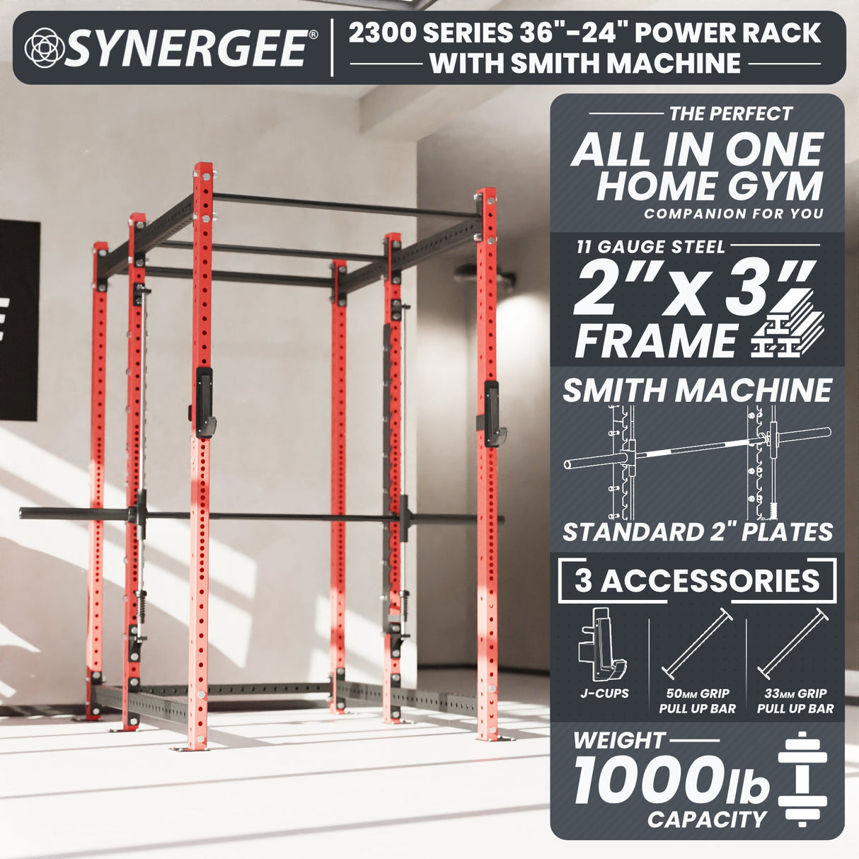 Synergee 2300 Series Power Cage with Smith Machine – Heavy-Duty Home Gym Rack with Multi-Grip Pull-Up Bars & Safety J-Cups