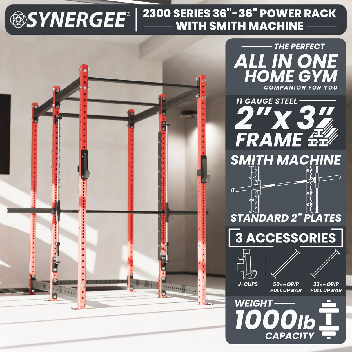 Synergee 2300 Series Power Cage with Smith Machine – Heavy-Duty Home Gym Rack with Multi-Grip Pull-Up Bars & Safety J-Cups