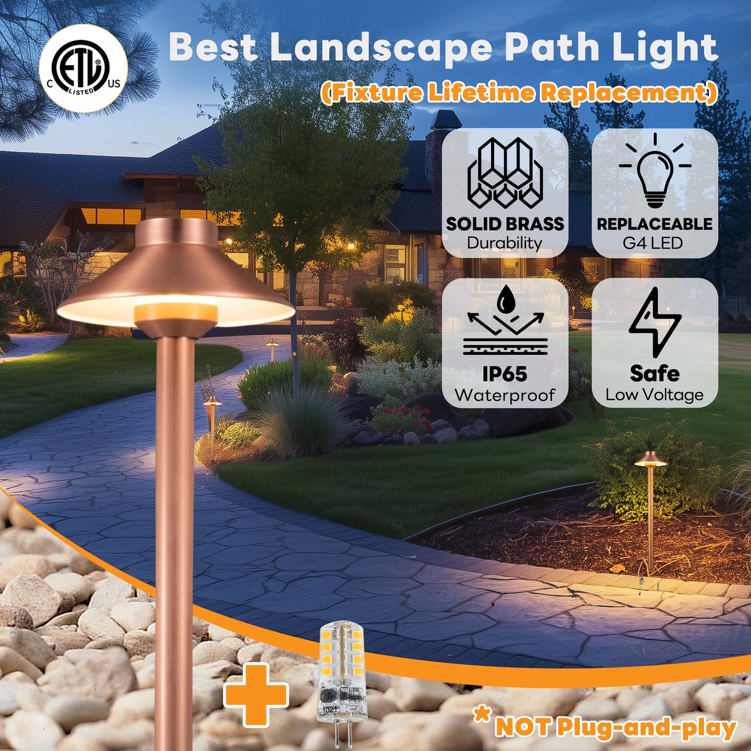 Gardenreet Solid Brass Low Voltage Landscape Pathway Light, LED Outdoor Accent Path and Area Light(Hat 2401)