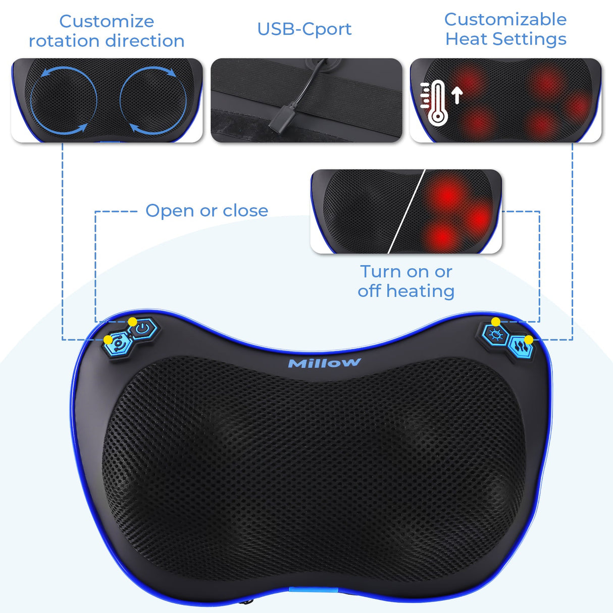 MILLOW Massage & Heat Therapy Pillow – Full-Body Electric Massager for Pain Relief, Stress Reduction & Circulation Boost