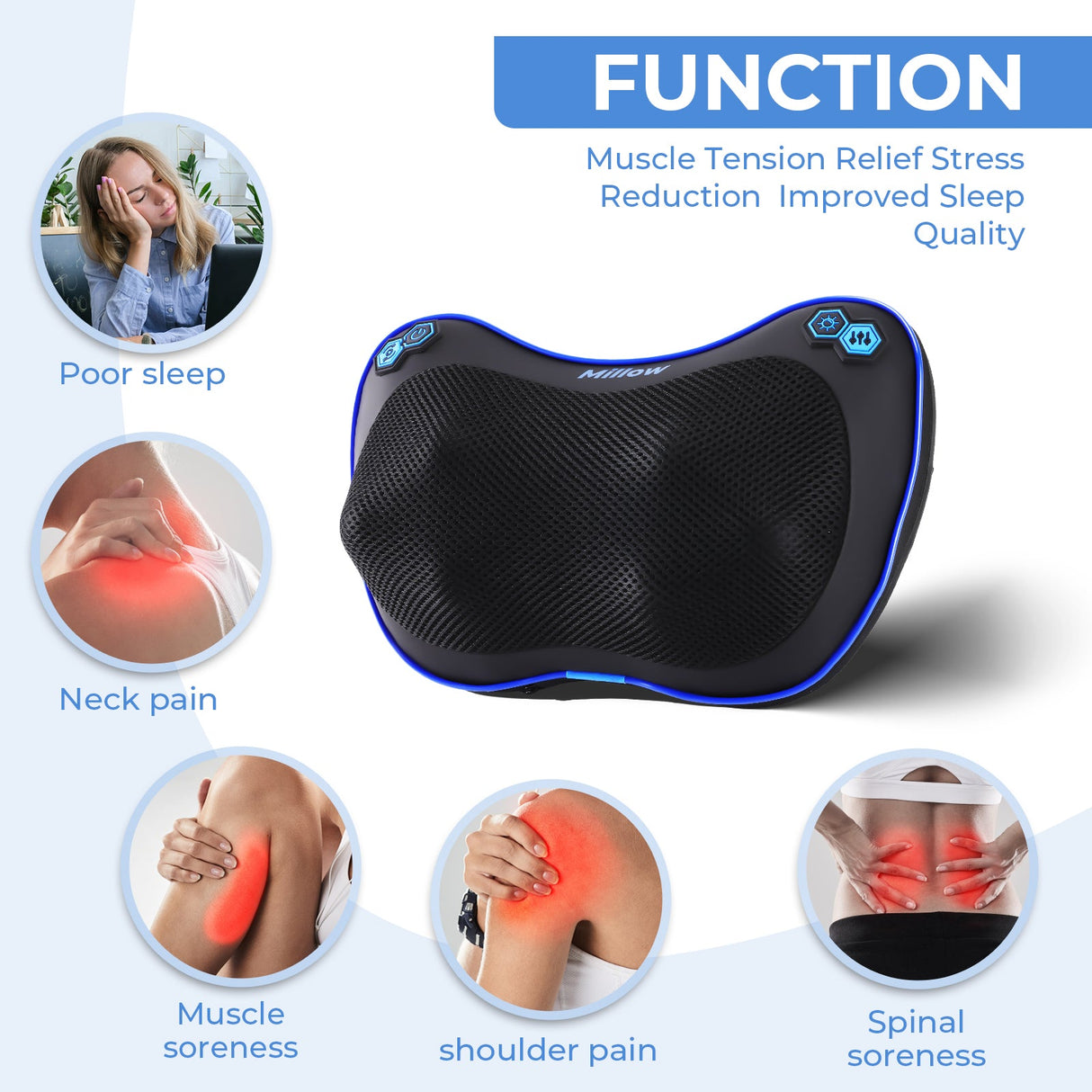 MILLOW Massage & Heat Therapy Pillow – Full-Body Electric Massager for Pain Relief, Stress Reduction & Circulation Boost