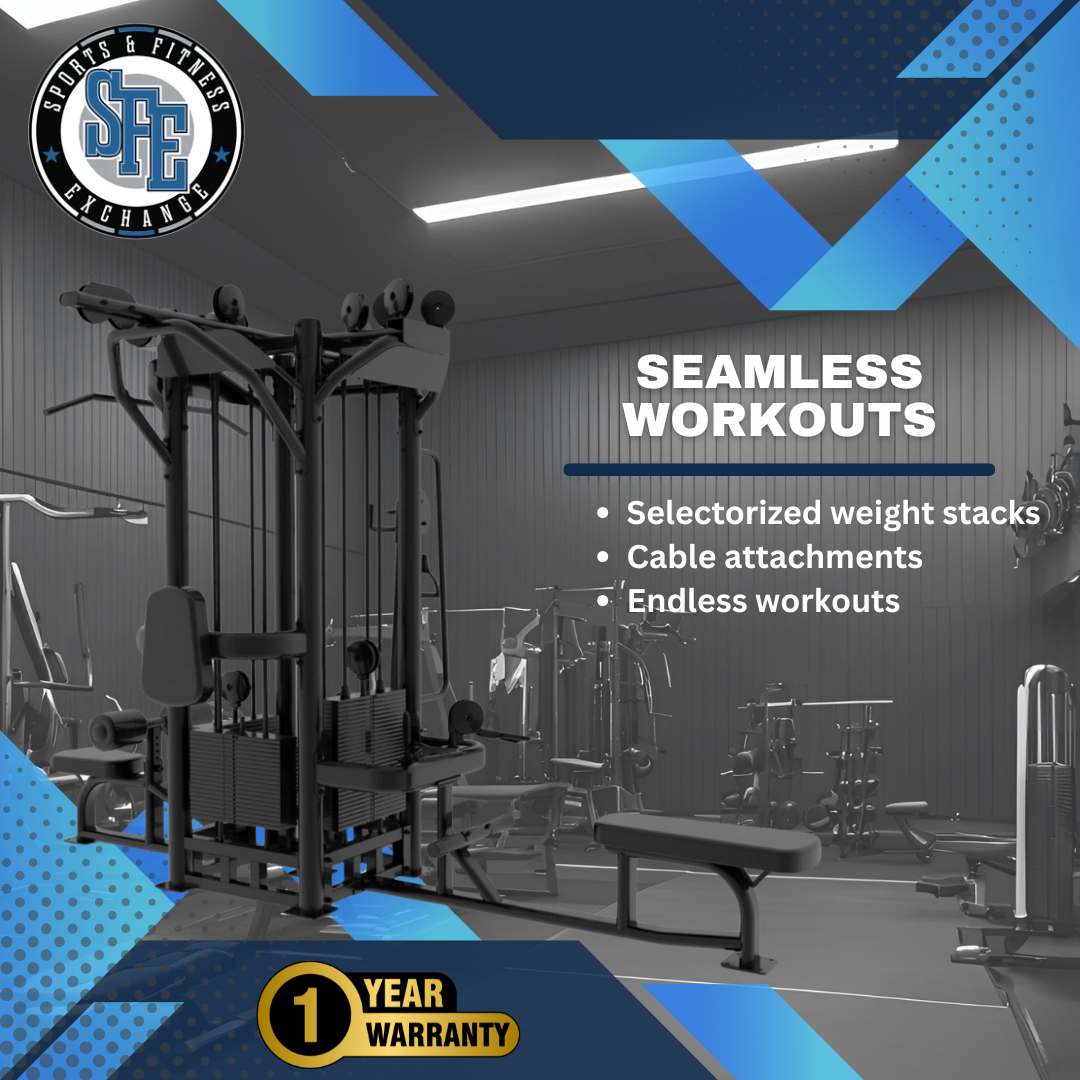 SFE Commercial 4-Station Jungle Gym – Multi-User Cable Machine with 4 Weight Stacks for Full-Body Training (319 lb Max Stack)