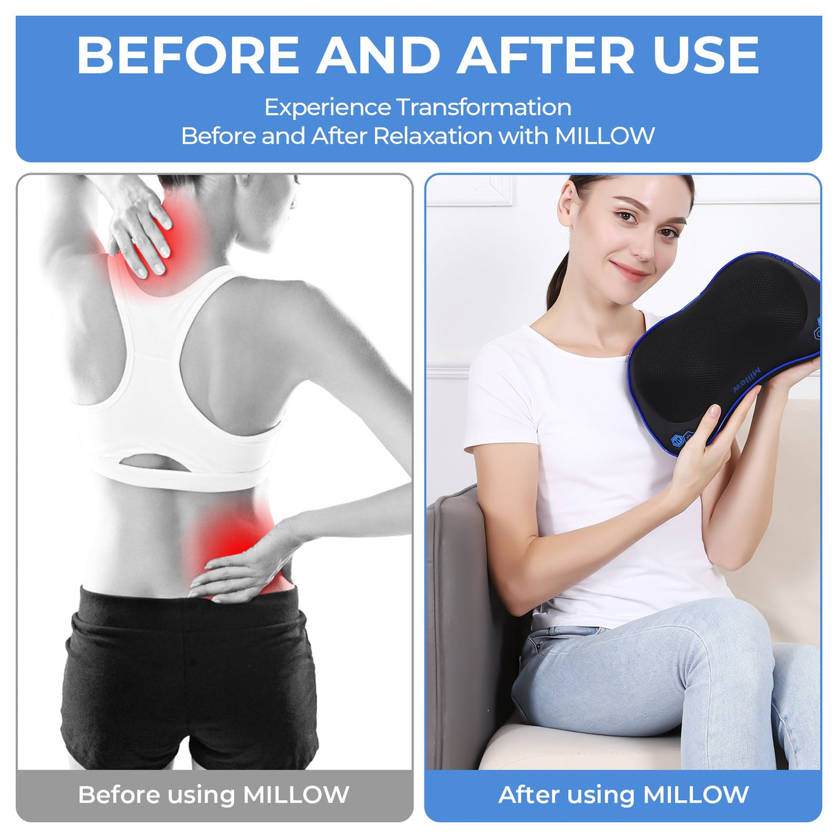 MILLOW Massage & Heat Therapy Pillow – Full-Body Electric Massager for Pain Relief, Stress Reduction & Circulation Boost