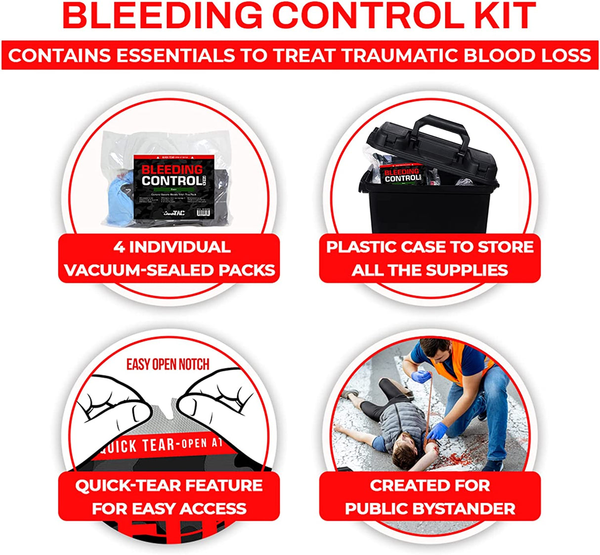 Bleeding Control Kit - 4 Vacuum Sealed Kits in Plastic Case