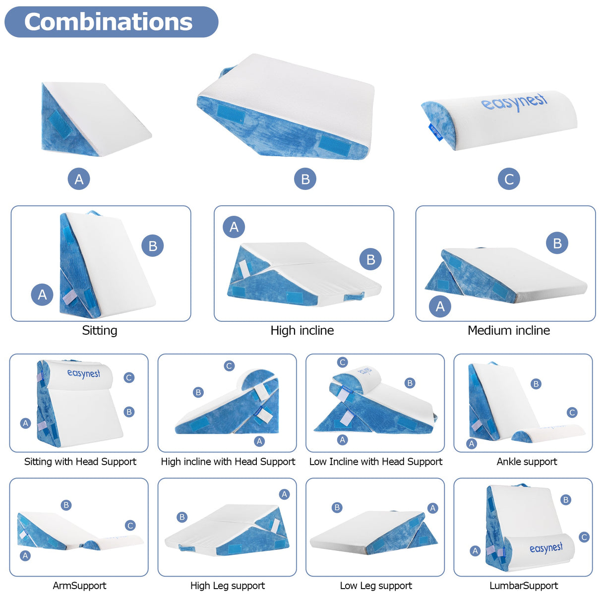 EASYNEST 10-in-1 Bed Wedge Pillow Set – Adjustable Back Support, Acid Reflux Relief, Leg Elevation & Post-Surgery Comfort