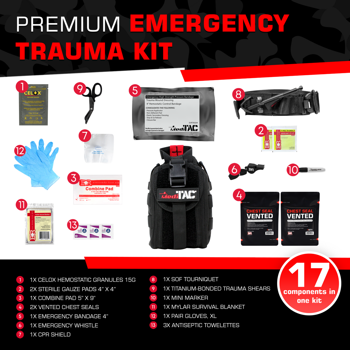 Premium Tactical IFAK Kit w Rip-Away Velcro, SOF Tourniquet & CELOX