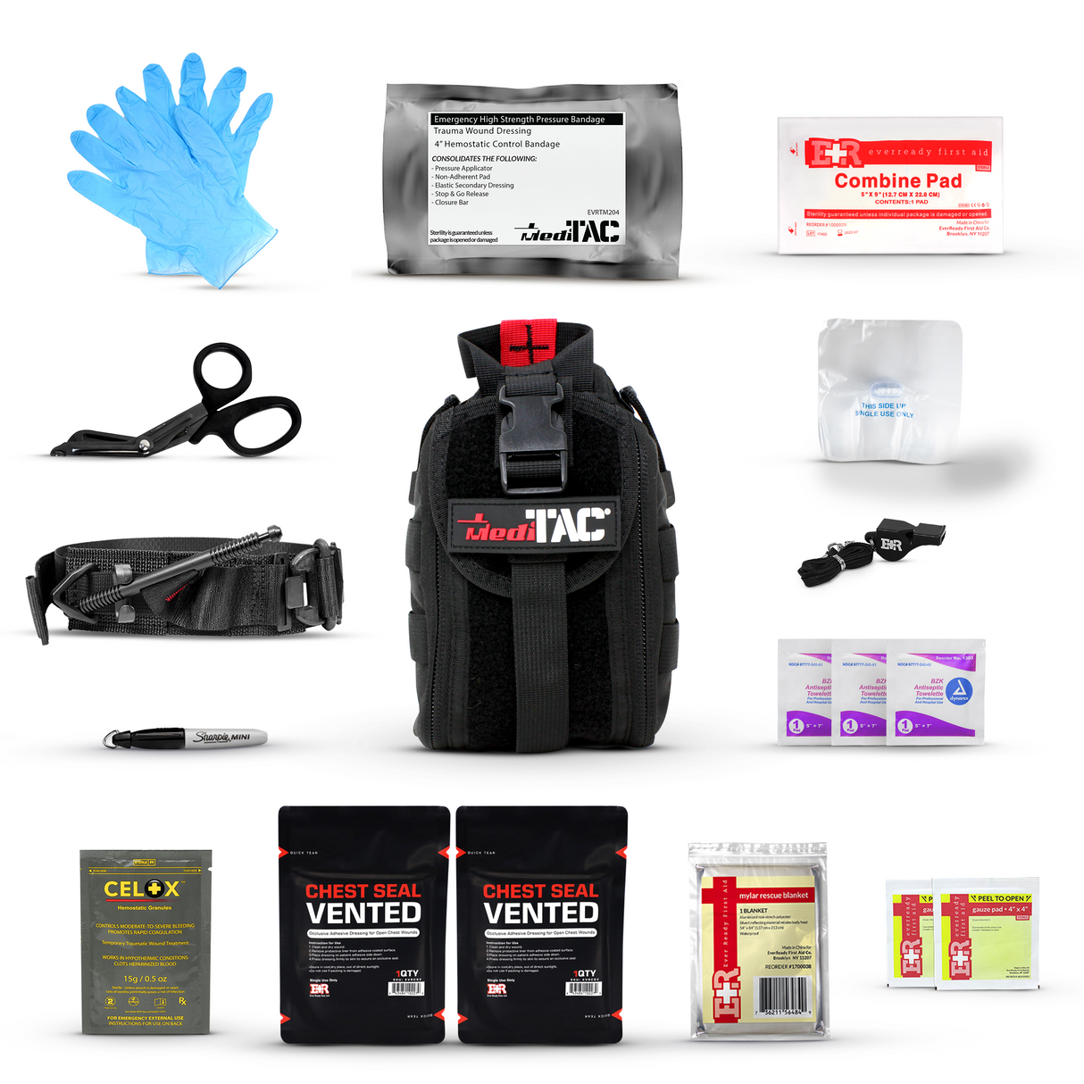 Premium Tactical IFAK Kit w Rip-Away Velcro, SOF Tourniquet & CELOX