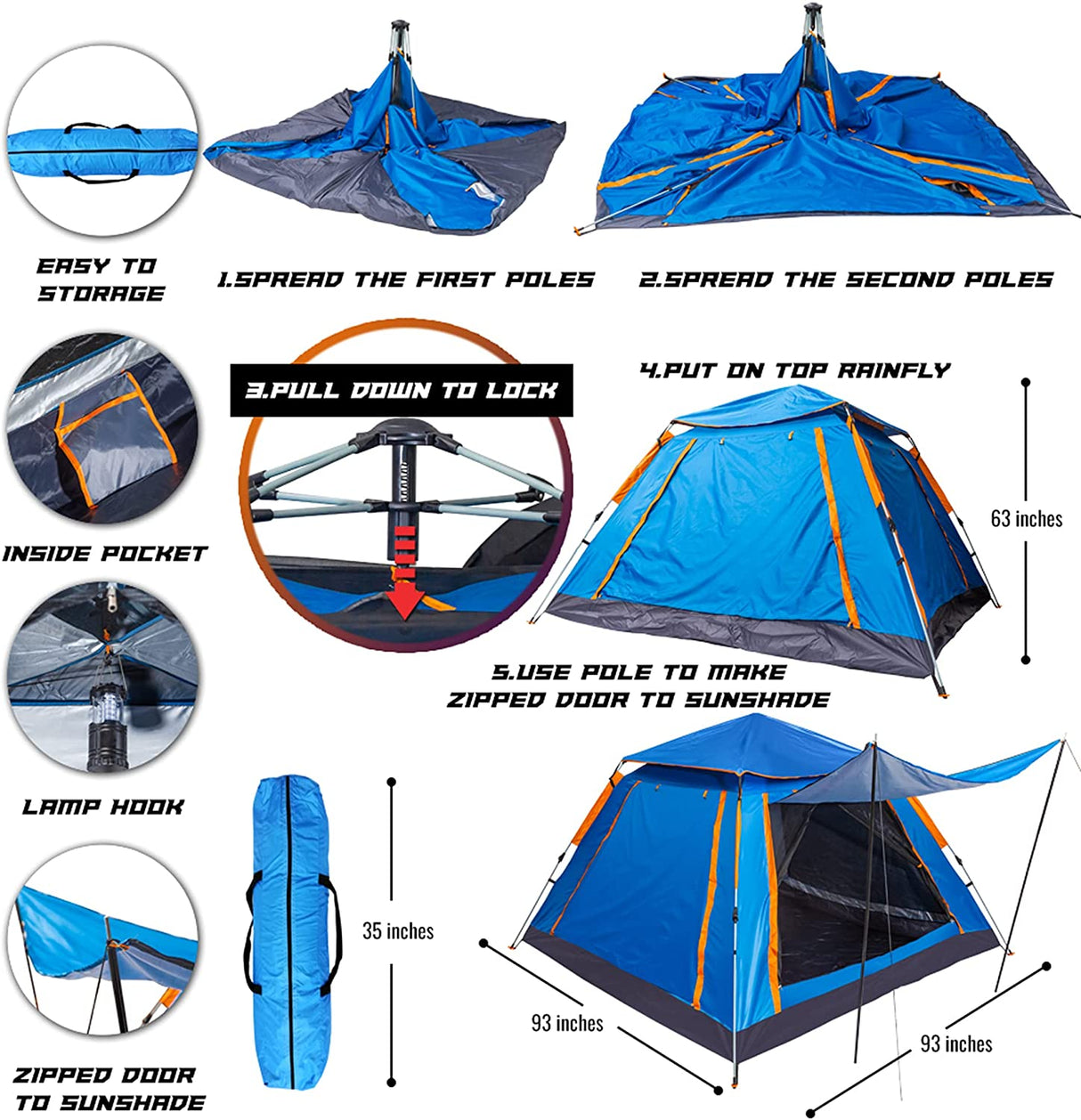 GlareWheel Instant Pop Up Tent 5 Person Blue