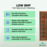 Peak Saunas Rainier 1-Person Full Spectrum Infrared Sauna with XL Medical-Grade Red Light Therapy & Smart WiFi App Control