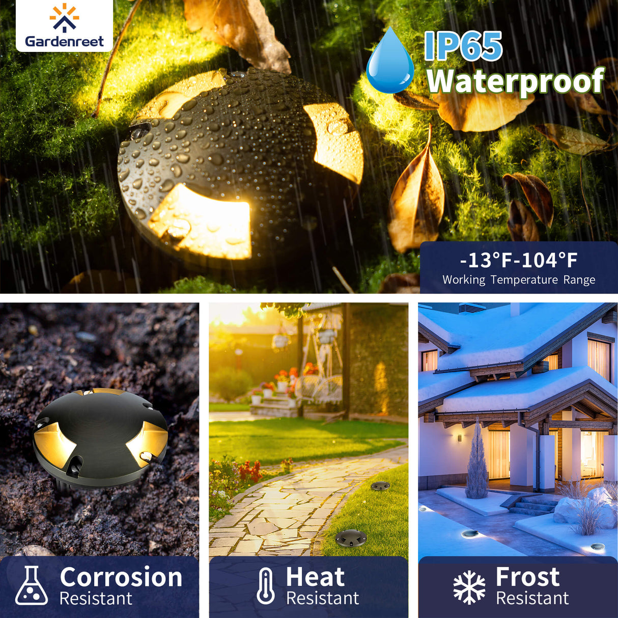 Gardenreet Solid Brass Well Lights Low Voltage, IP65 Waterproof  LED 12V Outdoor Ground Lights Use 5W 450LM LED MR16 Bulb for Garden, Sideway, Lawn, Walkway(Three-Direction Turret 2204C)