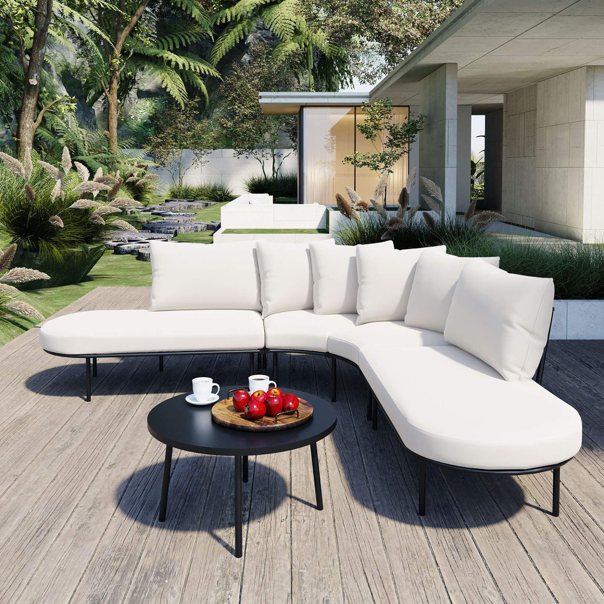 Premium Half- Moon 6-Person Curved All-Weather Outdoor Furniture Sofa Patio Set With Coffee Table And Cushions (SAK76332)