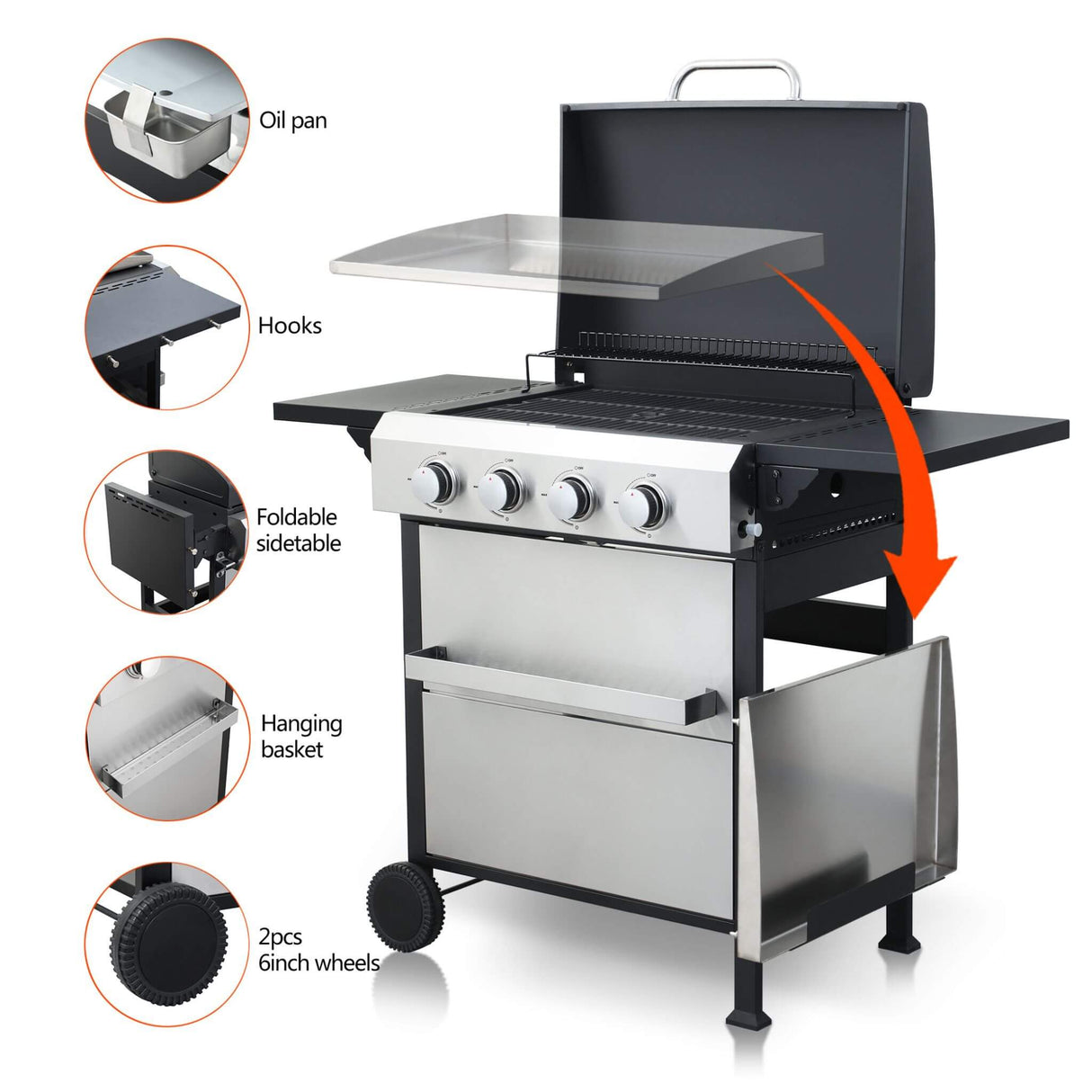 Premium Outdoor 4-Burner Propane BBQ Grill With Foldable Side Tables, Hanging Basket, And Cooking Grids (SAK53213)